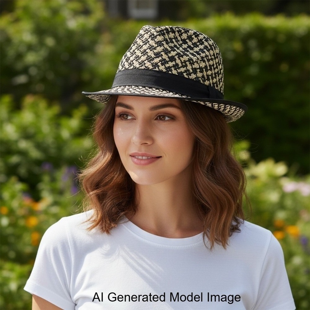 Le Chateau Women Black Tan Checkered Woven Paper Straw Fedora Hat Sun Hat